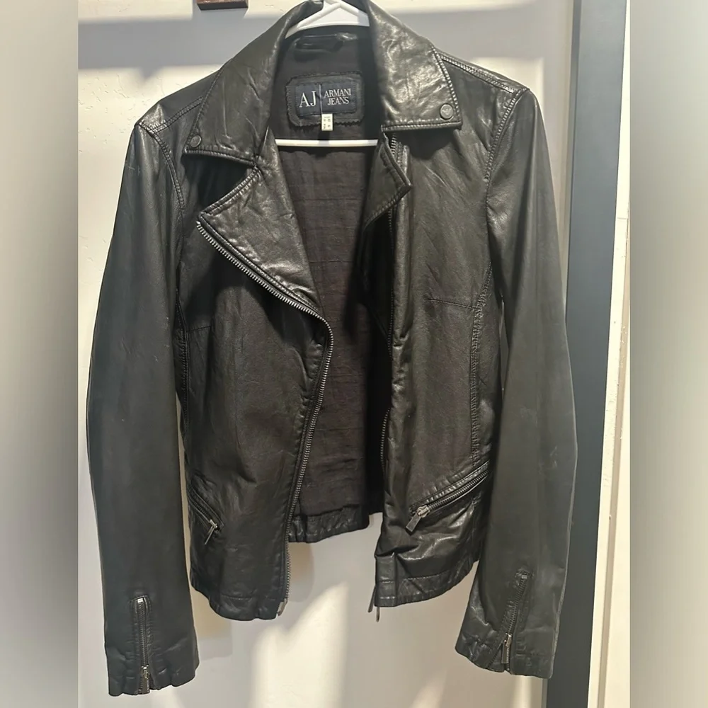 Armani Jeans Black Leather Motorcycle Jacket, Women's Size 6 - Picture 4 of 16